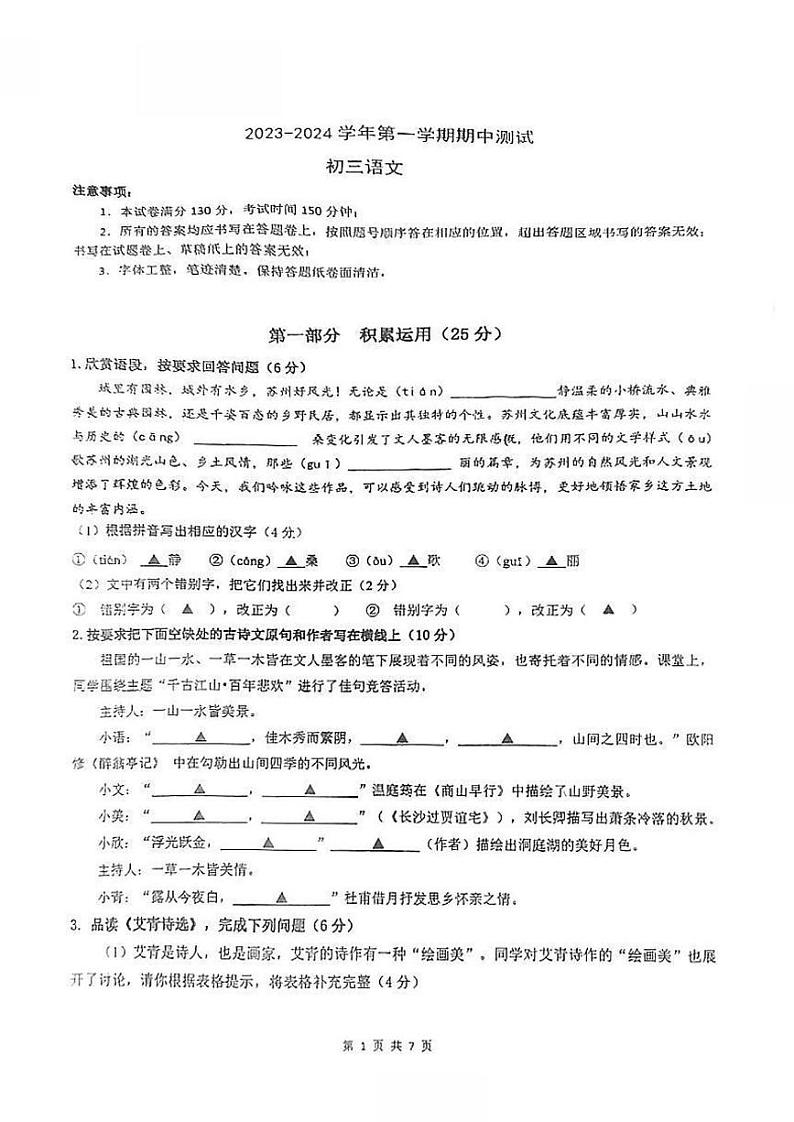 江苏省苏州工业园区青剑湖实验中学2023-2024学年九年级上学期期中语文试卷01