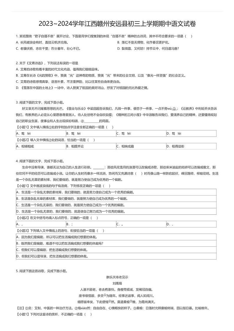 [语文][期中]2023_2024学年江西赣州安远县初三上学期期中语文试卷01