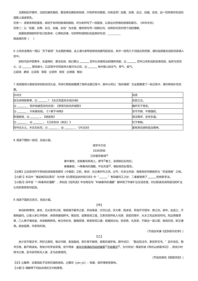 [语文]2024年湖北中考模拟语文试卷(荆楚初中联盟模拟六)02