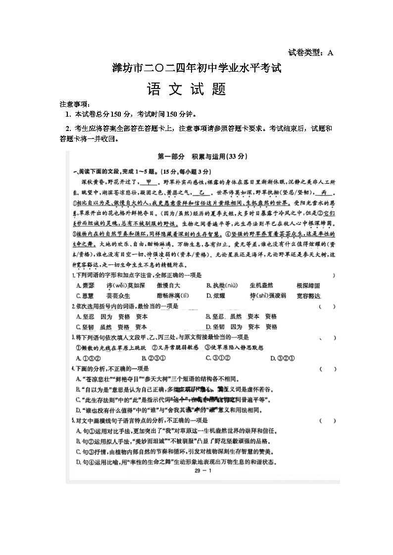 2024年山东省潍坊市中考语文试题01