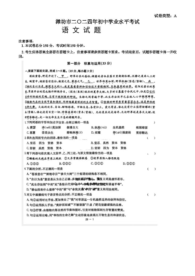 2024年山东省潍坊市中考语文试题01