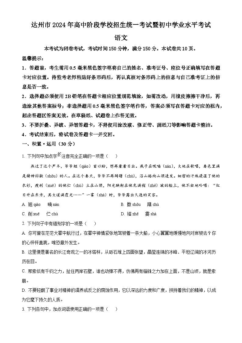 精品解析：2024年四川省达州市中考语文真题01
