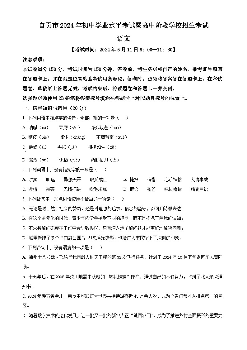 精品解析：2024年四川省自贡市中考语文真题01