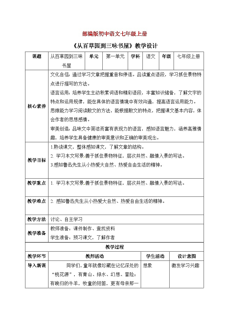 部编版初中语文七年级上册《从百草园到三味书屋》教案+课件01