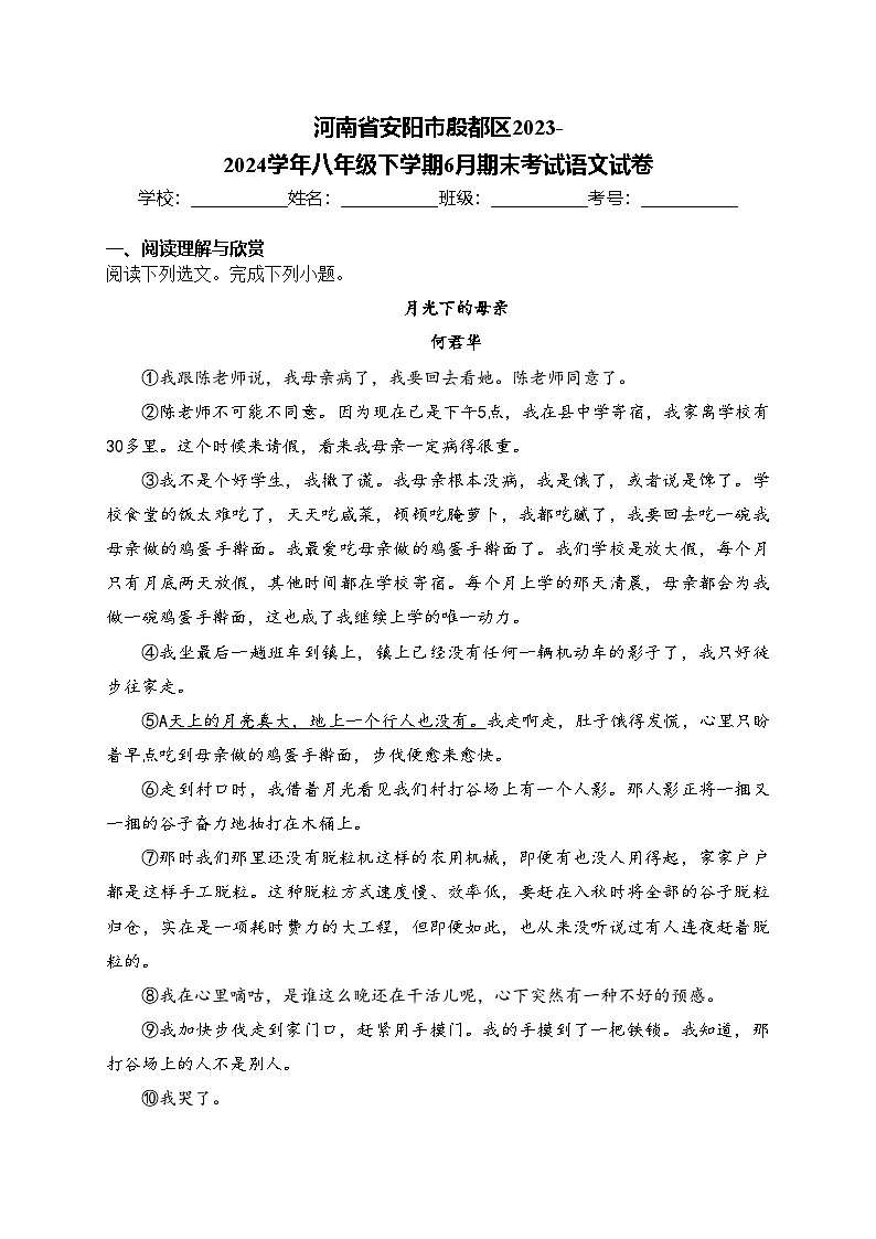 河南省安阳市殷都区2023-2024学年八年级下学期6月期末考试语文试卷(含答案)01