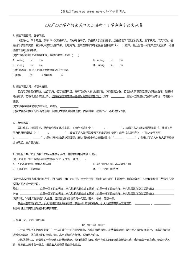 [语文]2023_2024学年河南周口沈丘县初二下学期期末语文试卷原题版第1页