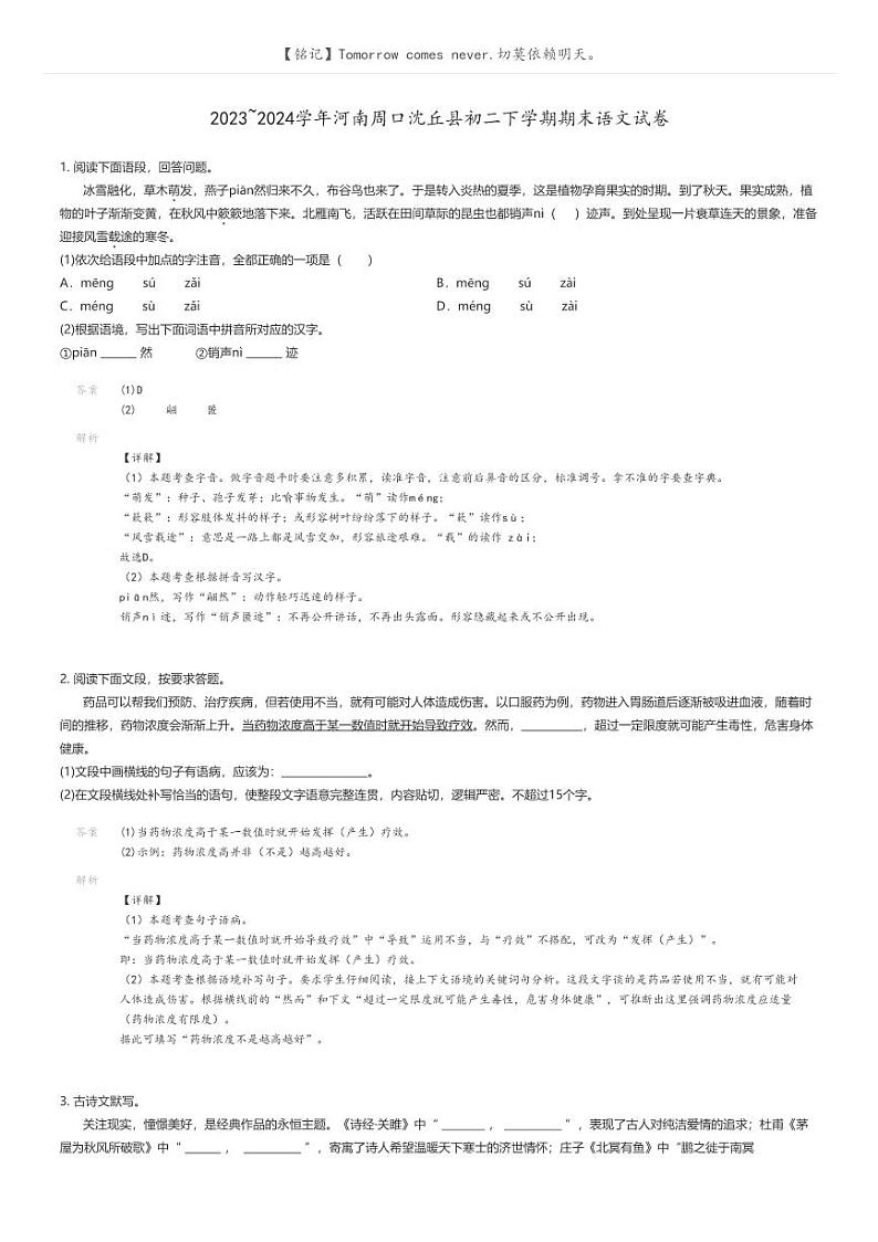 [语文]2023_2024学年河南周口沈丘县初二下学期期末语文试卷解析版第1页