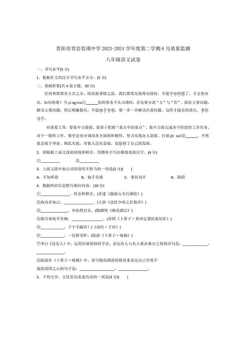 [语文]贵州省贵阳市青岩贵璜中学2023～2024学年度八年级下学期6月质量监测语文试卷(有解析)01
