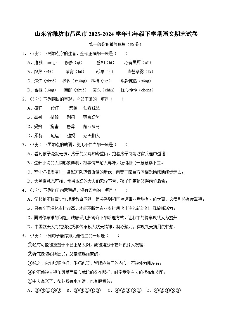 山东省潍坊市昌邑市2023-2024学年七年级下学期语文期末试卷（含答案）第1页