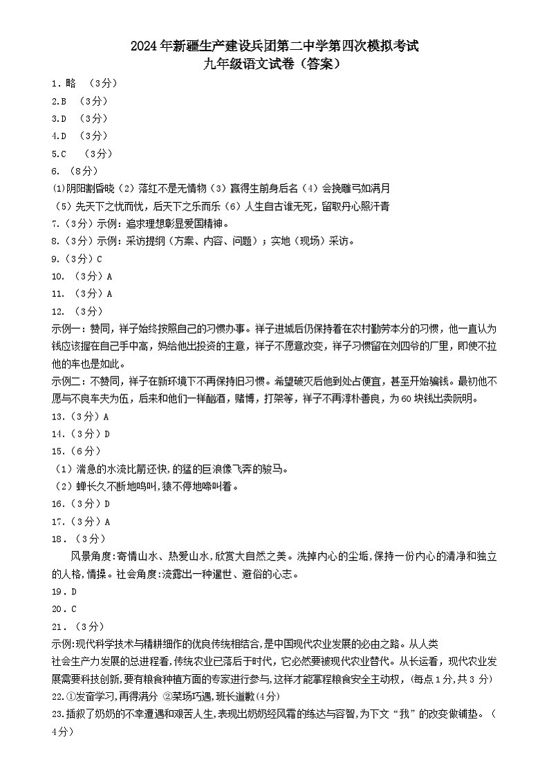 2024年新疆生产建设兵团第二中学中考第四次模拟考试语文试卷01
