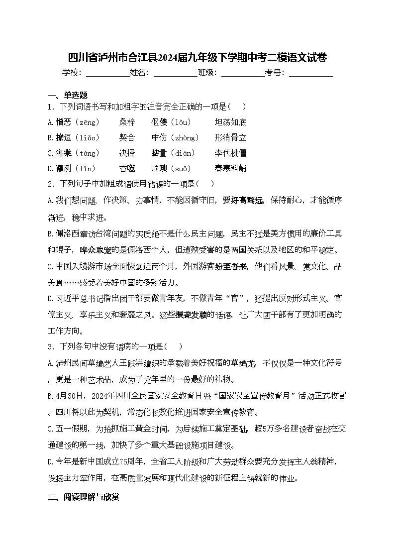 四川省泸州市合江县2024届九年级下学期中考二模语文试卷(含答案)01