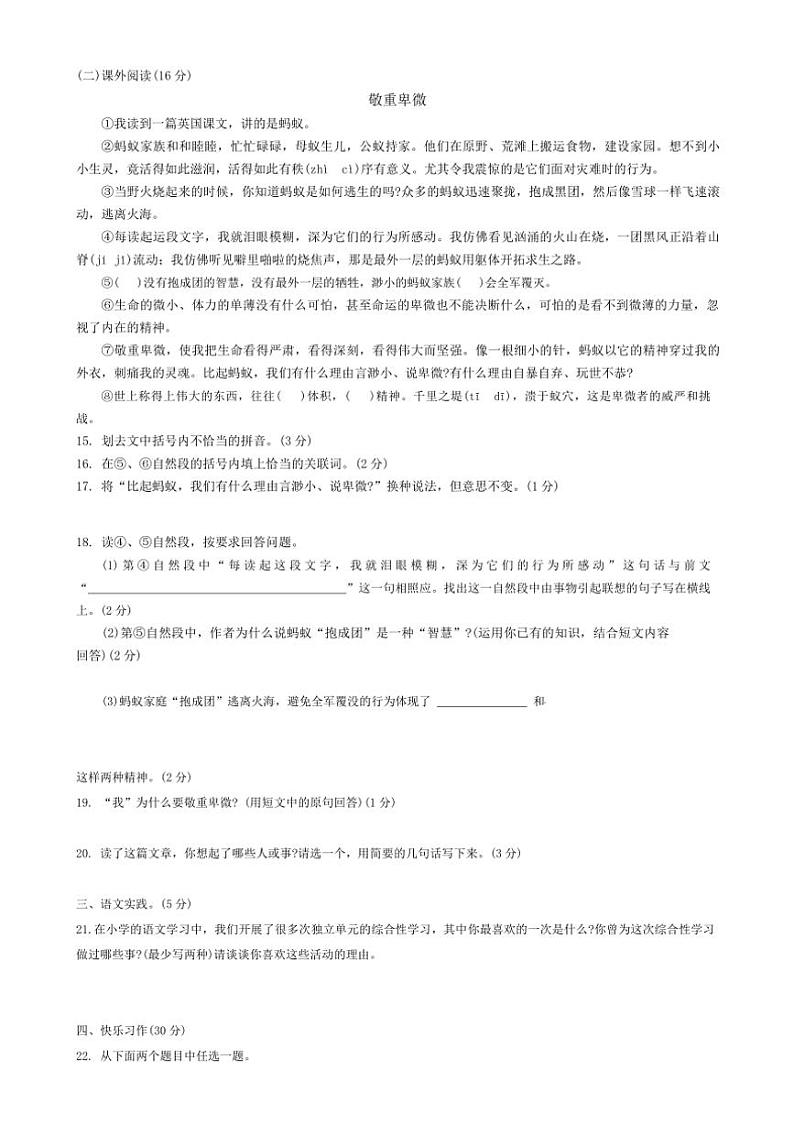 [语文]湖北省黄石市阳新县实验中学2022—2023学年七年级上学期分班语文试卷(有答案)03