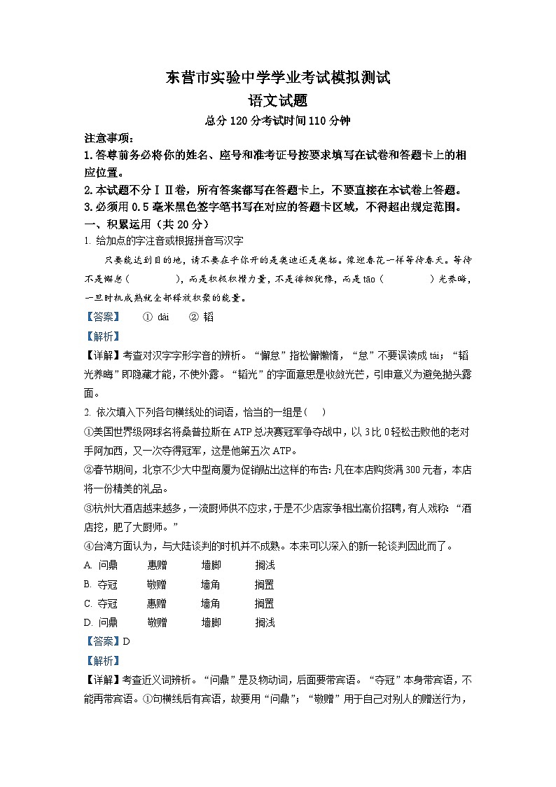 2023年山东省东营市实验中学中考三模语文试题（解析版）第1页