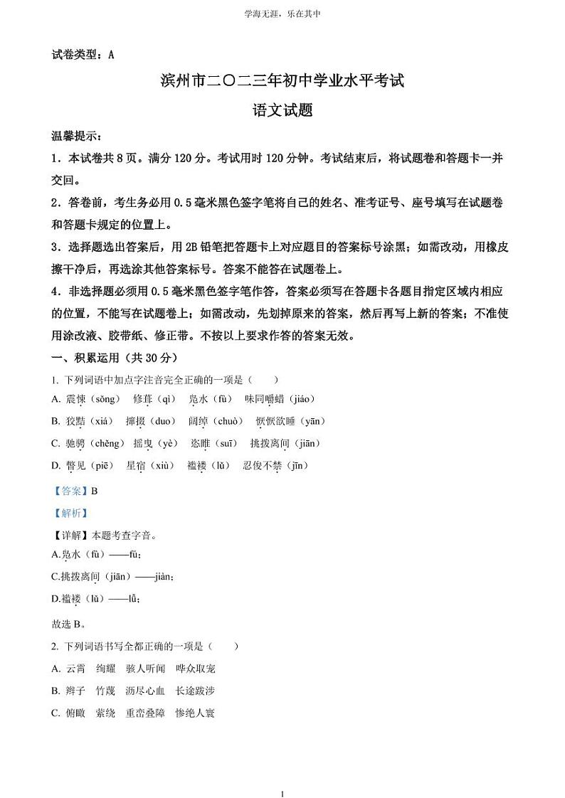 [语文]2023年山东省滨州市中考语文真题解析版第1页