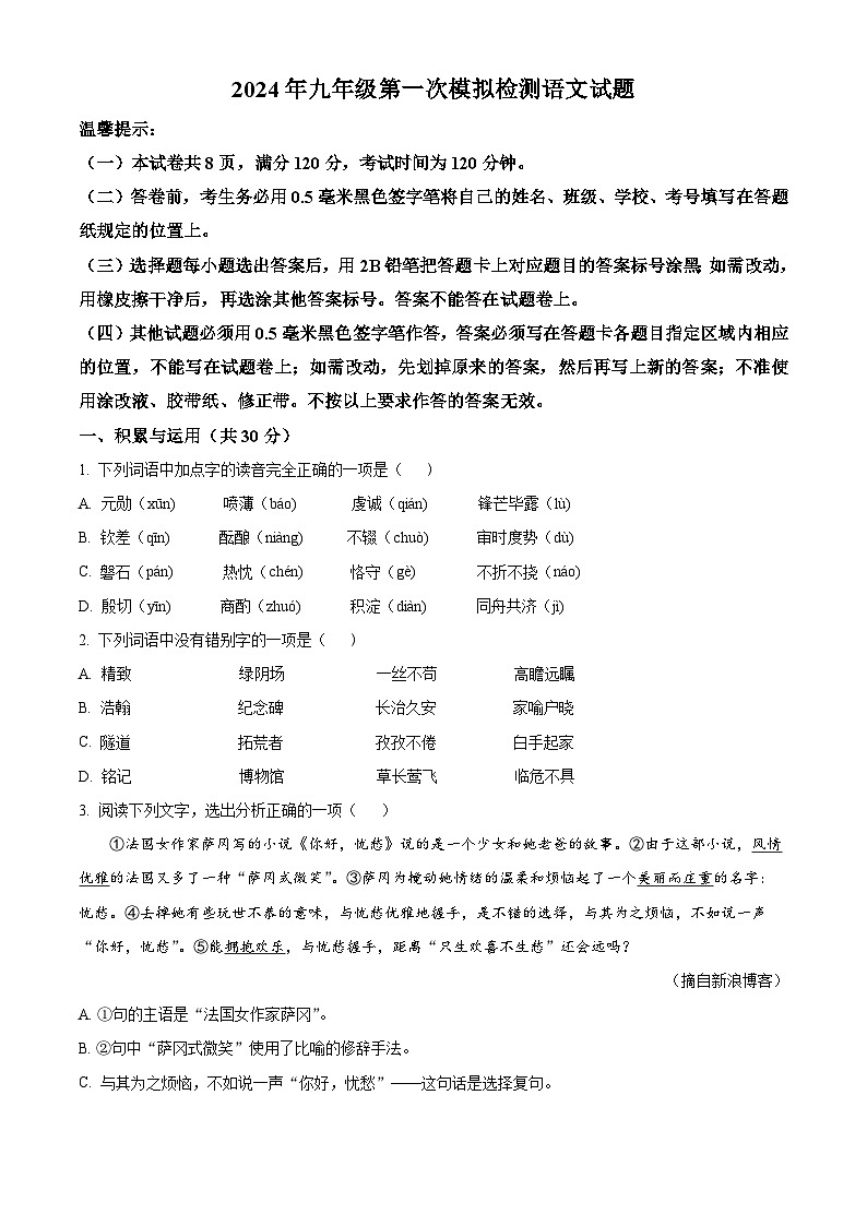 2024年山东省滨州市沾化区中考一模语文试题（原卷版）01
