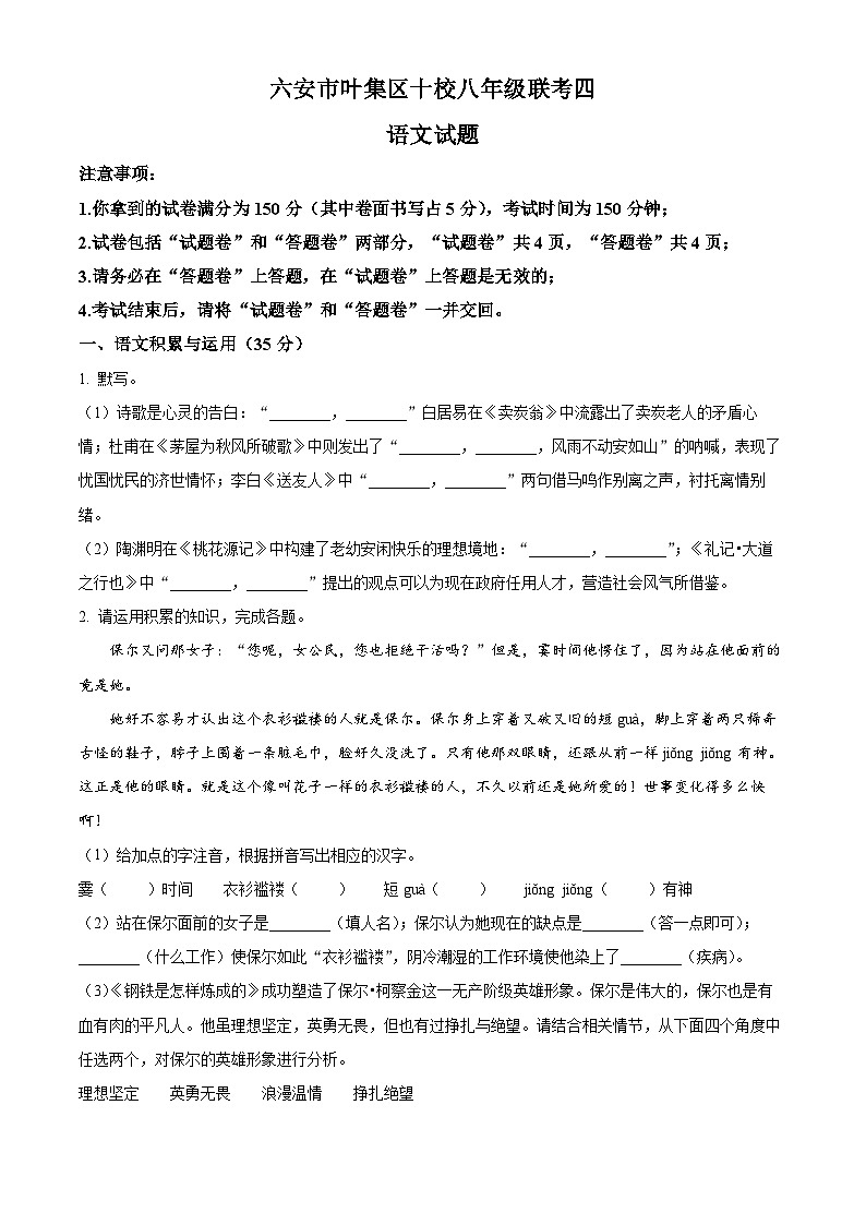 安徽省六安市叶集区十校2023-2024学年八年级下学期期末语文试题（原卷版）第1页