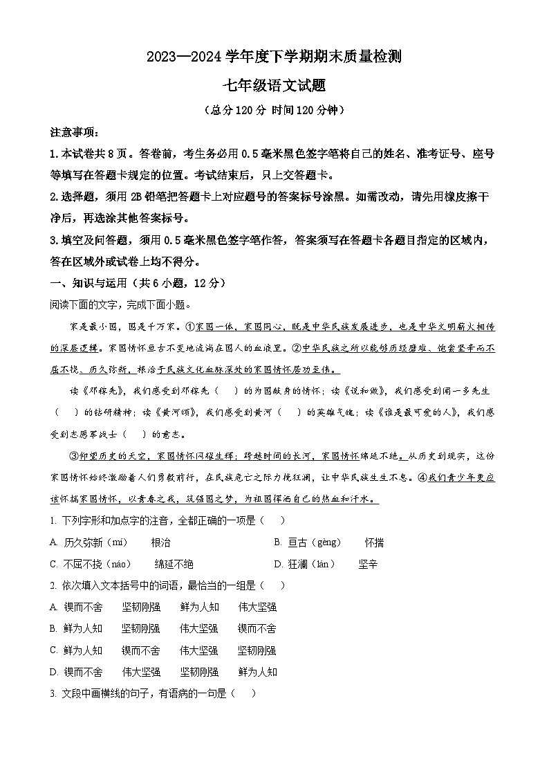 山东省日照市岚山区2023-2024学年七年级下学期期末语文试题（解析版）01