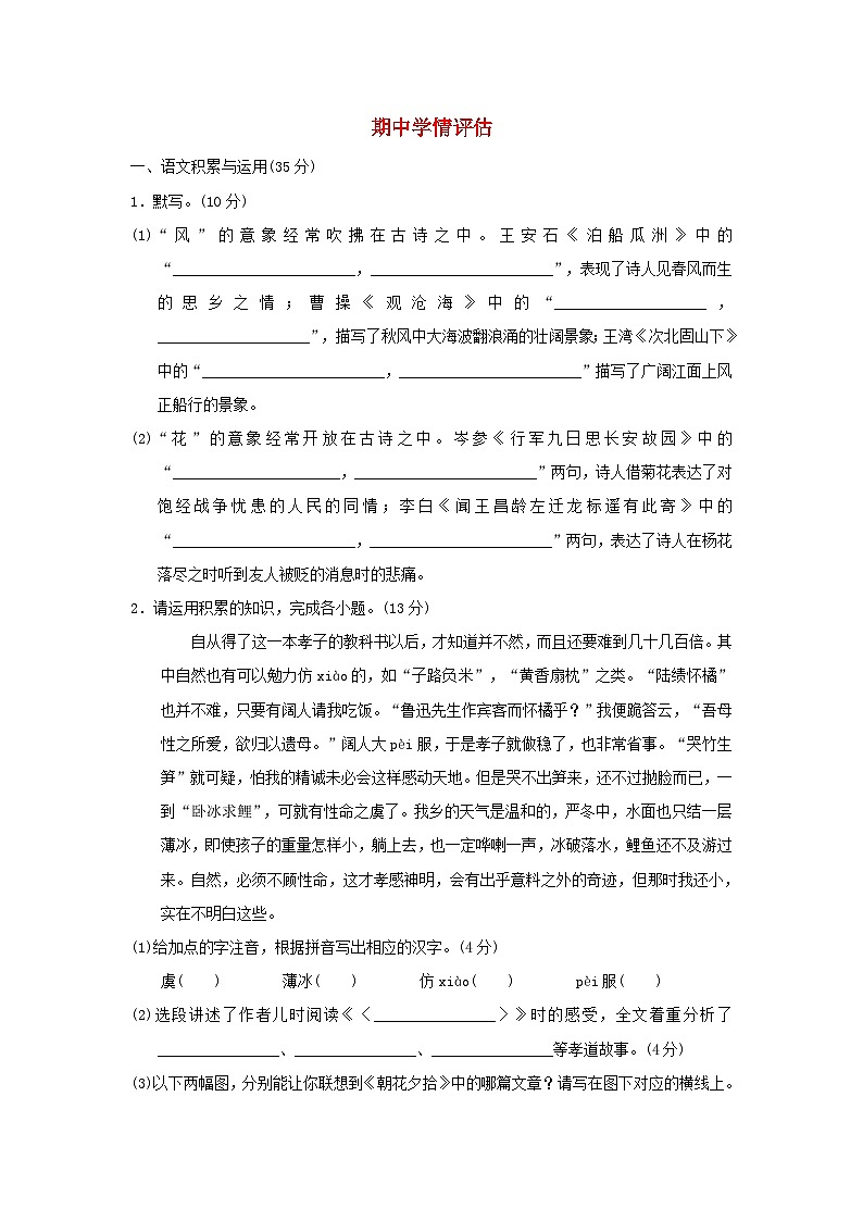安徽省2024七年级语文上学期期中学情评估试卷（附答案部编版）01