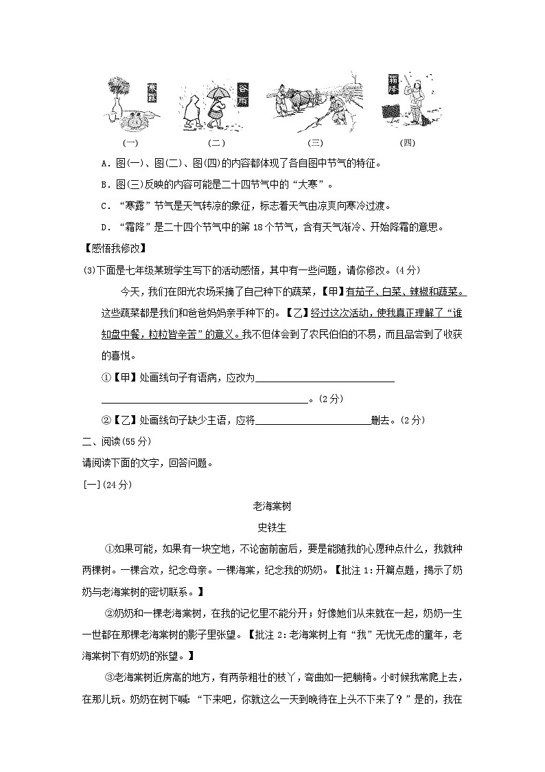安徽省2024七年级语文上学期期中学情评估试卷（附答案部编版）03