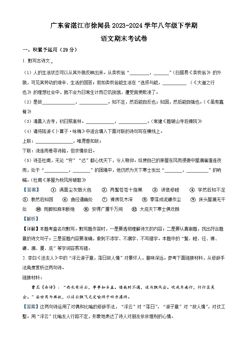 广东省湛江市徐闻县2023-2024学年八年级下学期期末语文试题（解析版）01