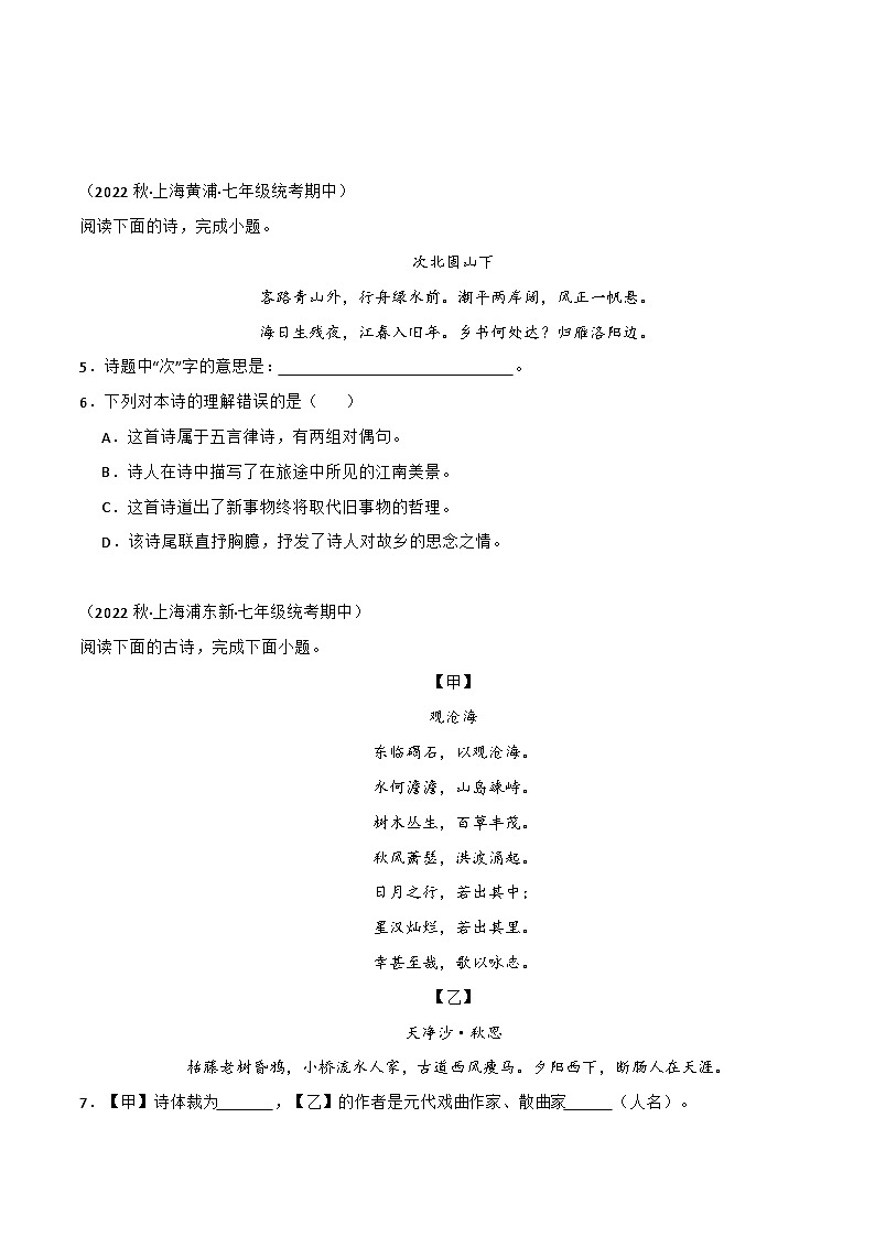 专题05+古诗词赏析-【培优精炼】2024-2025学年七年级语文上册期中专项复习（上海专用）02