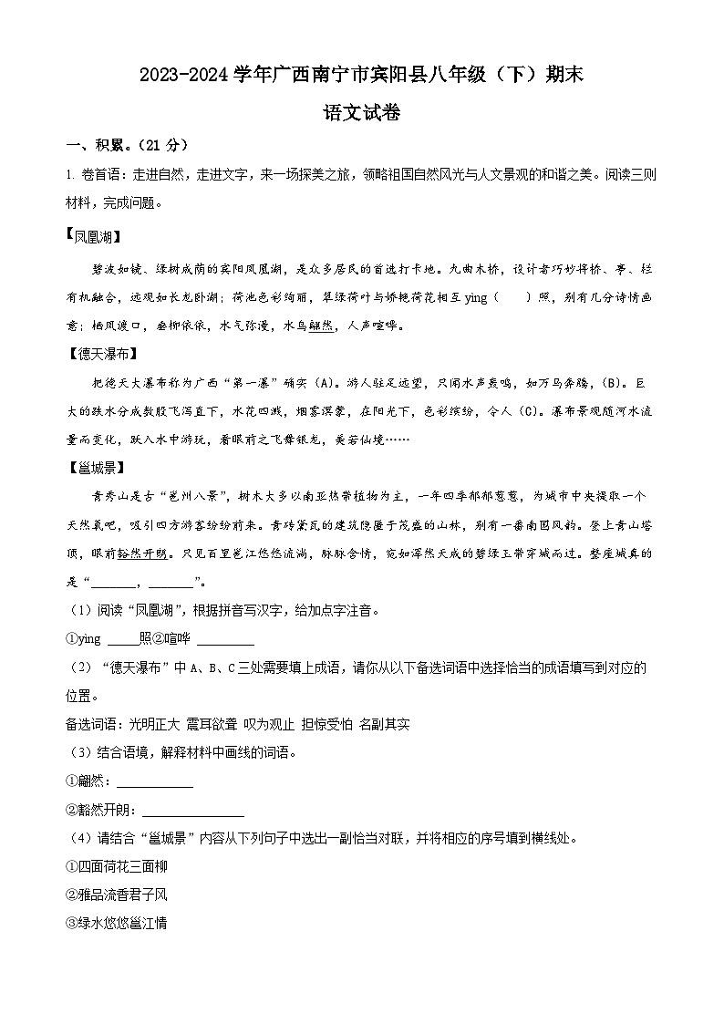 广西南宁市宾阳县2023-2024学年八年级下学期期末语文试题（原卷版）第1页