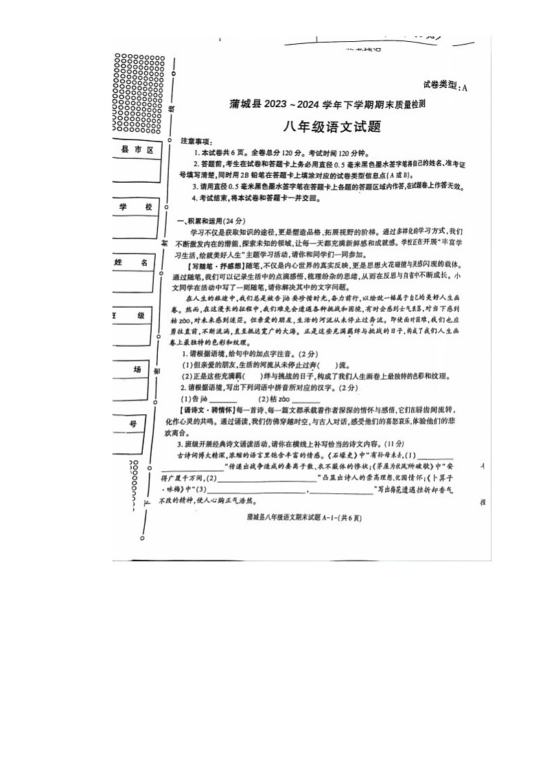 陕西省渭南市蒲城县2023-2024学年八年级下学期期末语文试题01