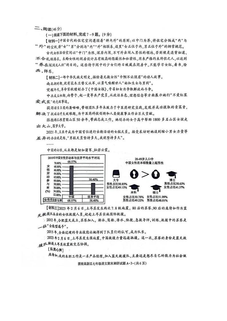 陕西省渭南市高新区2023~2024学年七年级下学期期末教学质量调研语文试题第3页
