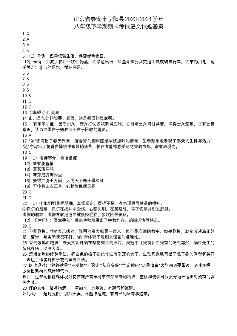 山东省泰安市宁阳县2023-2024学年八年级下学期期末考试语文试题答案第1页