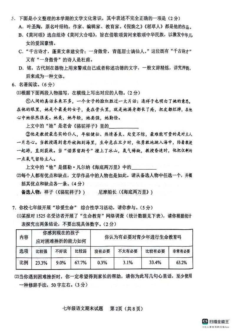 山东省临沂市临沭县2023-2024学年七年级下学期7月期末语文试题第2页