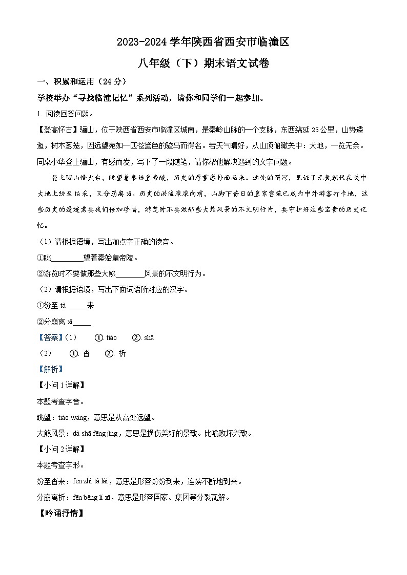 陕西省西安市临潼区2023-2024学年八年级下学期期末语文试题（解析版）第1页