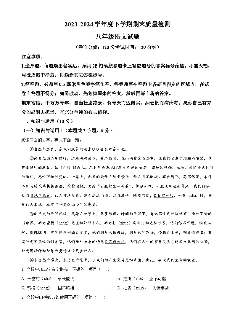 山东省日照市山海天旅游度假区2023-2024学年八年级下学期期末语文试题（原卷版）第1页