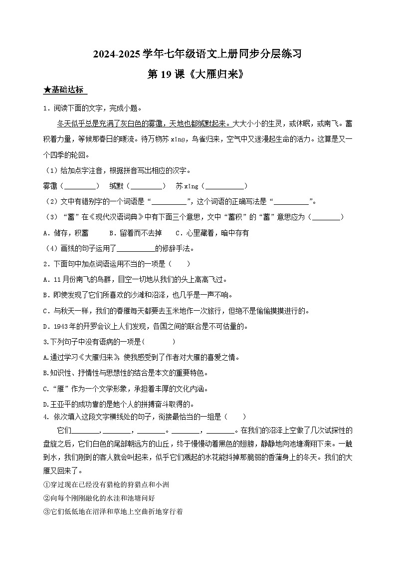 第19课《大雁归来》-2024-2025学年七年级语文上册练习（人教版）01