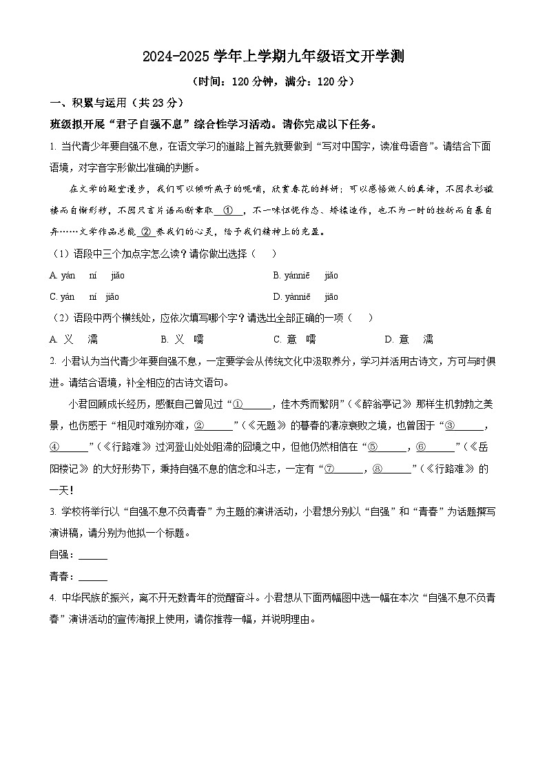 河南省郑州市郑中国际学校2024-2025学年九年级上学期开学考试语文试题（原卷版+解析版）01