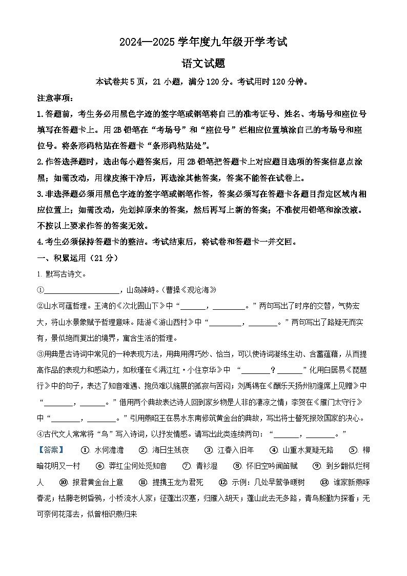 广东省惠州市惠阳区永湖中学2024-2025学年九年级上学期开学考试语文试题（解析版）01