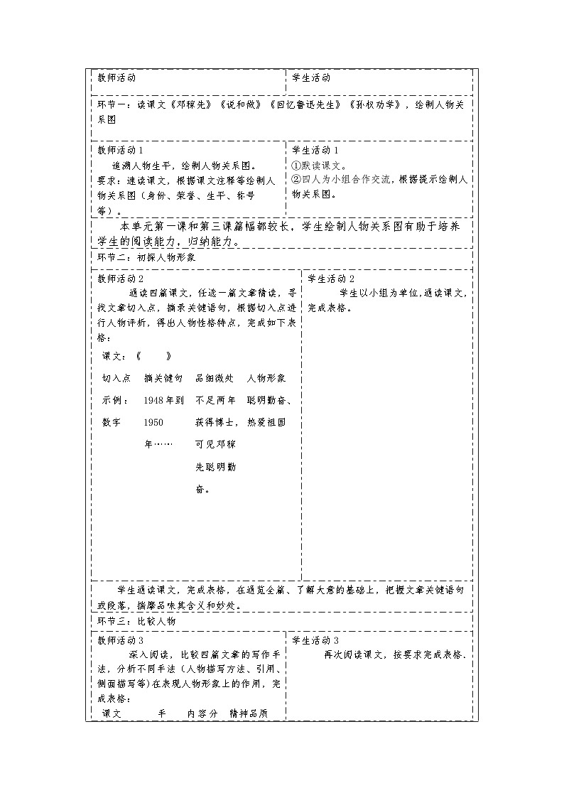 统编版初中语文七年级下册 第一单元教学设计（表格式）02