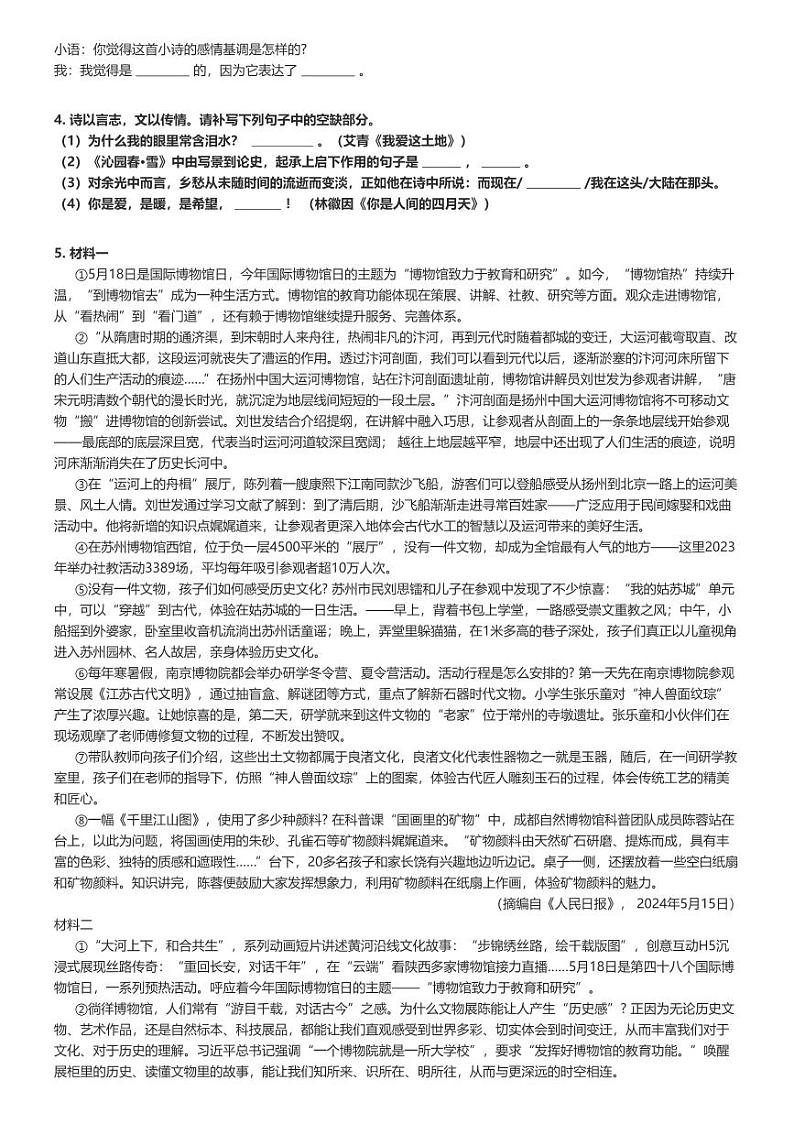 [语文]2024～2025学年湖南邵阳洞口县初三上学期开学考试语文试卷(思源实验学校)原题版第2页