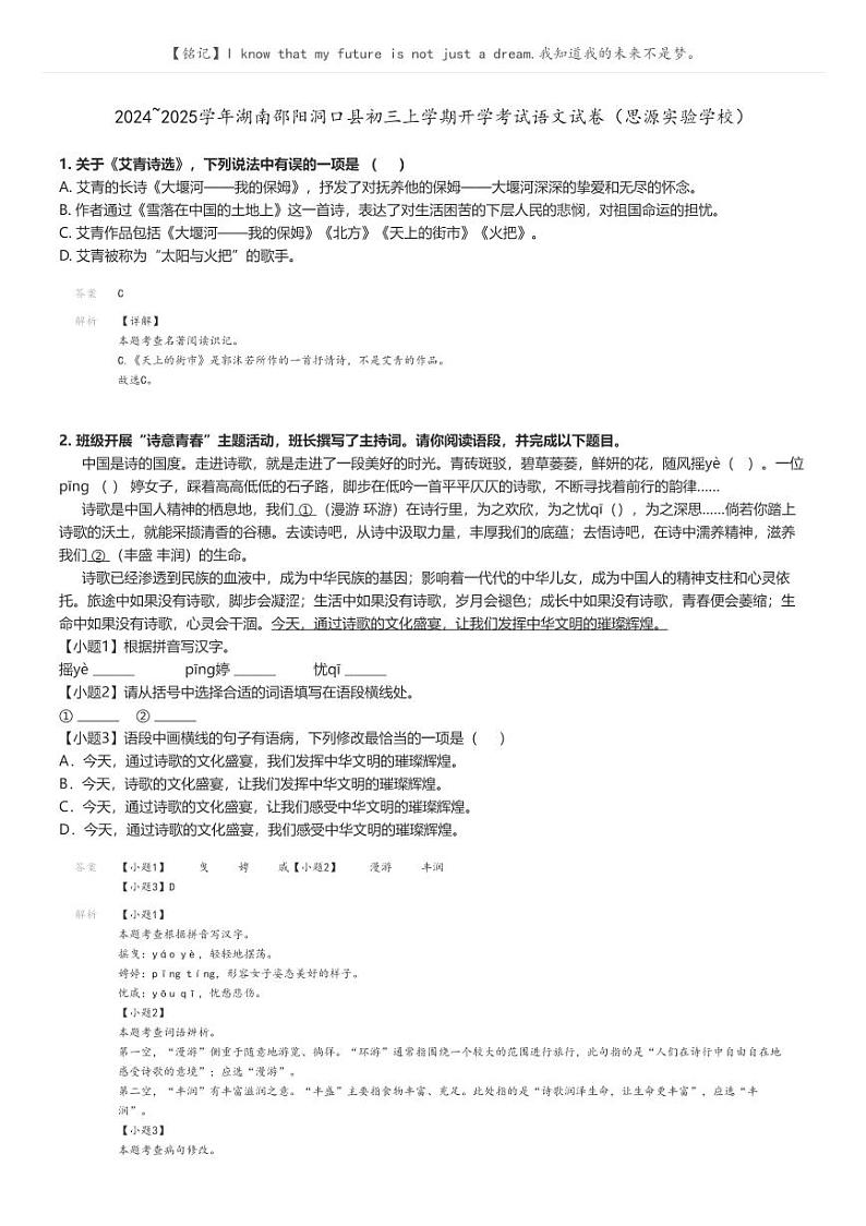[语文]2024～2025学年湖南邵阳洞口县初三上学期开学考试语文试卷(思源实验学校)解析版第1页