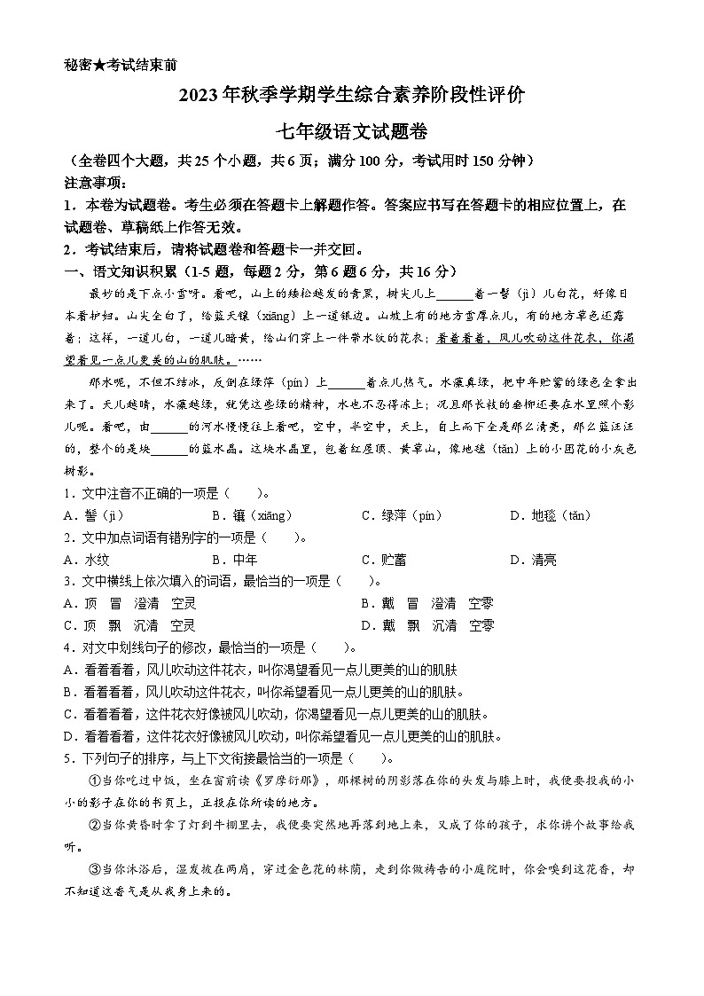 云南省昭通市昭阳区2023-2024学年七年级上学期期中语文试题01