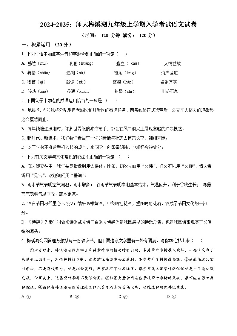 湖南省长沙市师大附中梅溪湖中学2024-2025学年九年级上学期入学考试语文试题（原卷版+解析版）01