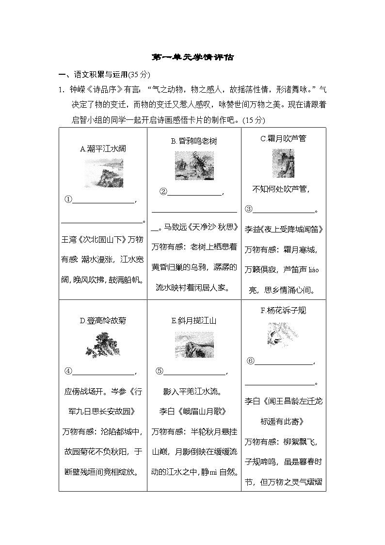 语文七年级上册人教版（2024）第一单元学情评估01