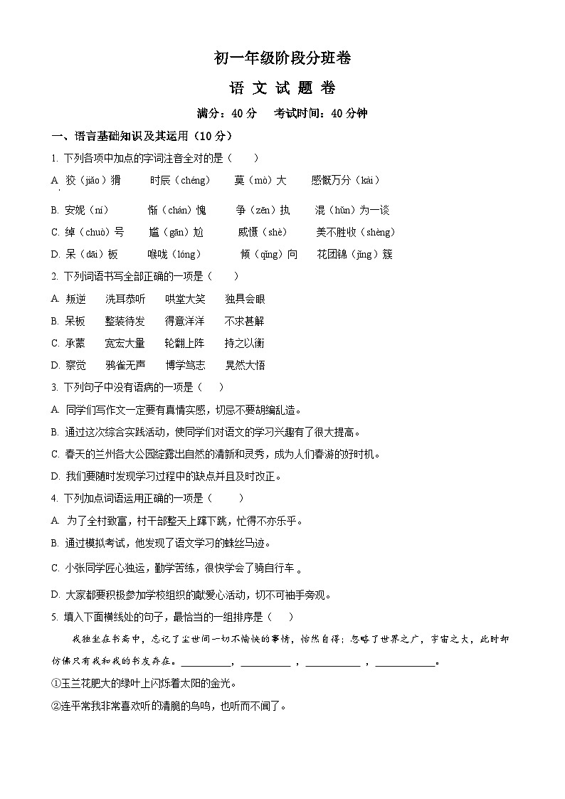 江西省南昌市西湖区2024-2025学年七年级上学期入学测试语文试题（原卷版+解析版）01