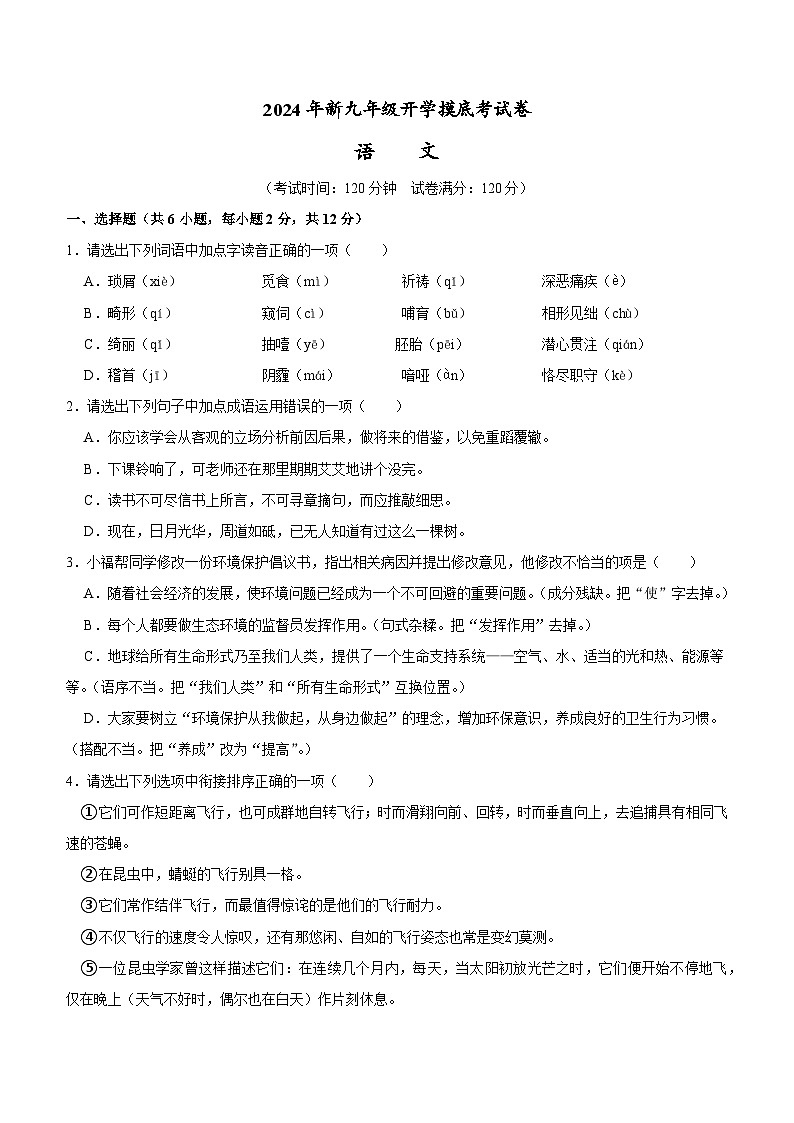 部编版语文九年级开学测试卷6（试卷+答案+解析）01
