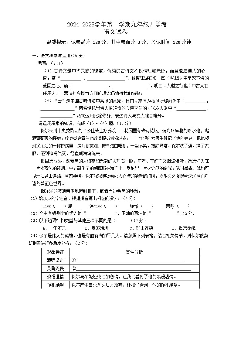 安徽省池州市青阳县校联考2024-2025学年九年级上学期开学语文试题01