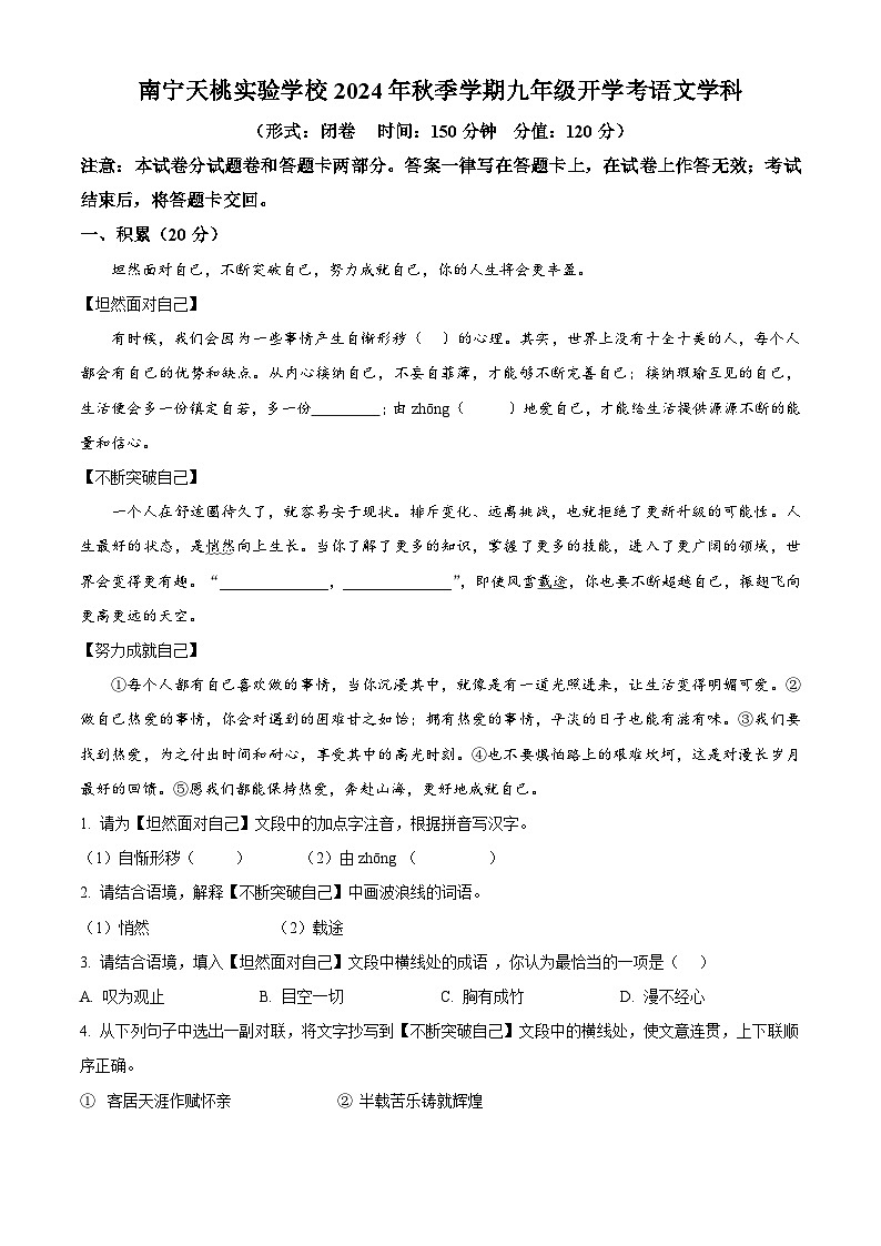 广西壮族自治区南宁市天桃实验学校2024-2025学年九年级上学期开学考试语文试题（原卷版+解析版）01