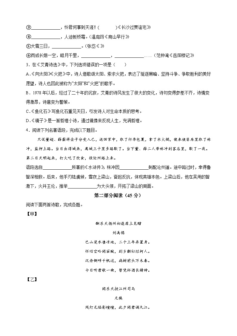江苏省苏州市2024-2025学年九年级上学期开学考试语文试题（含答案解析）02