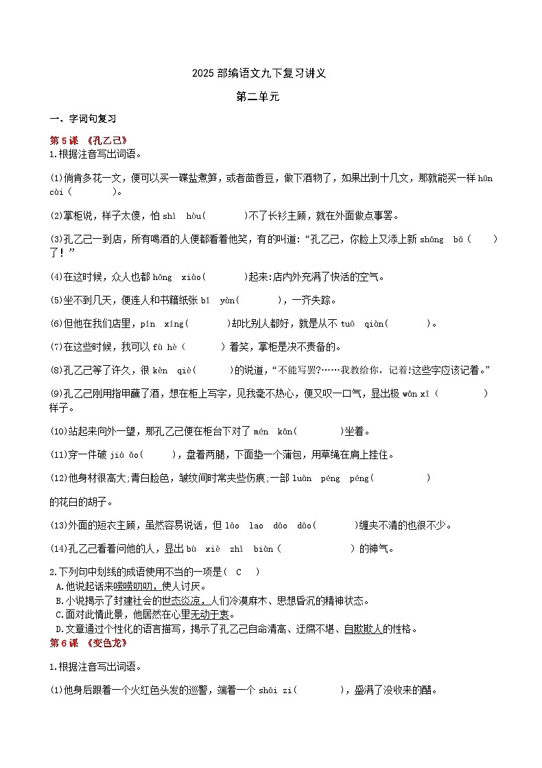 部编语文九下第二单元复习讲义+课件01