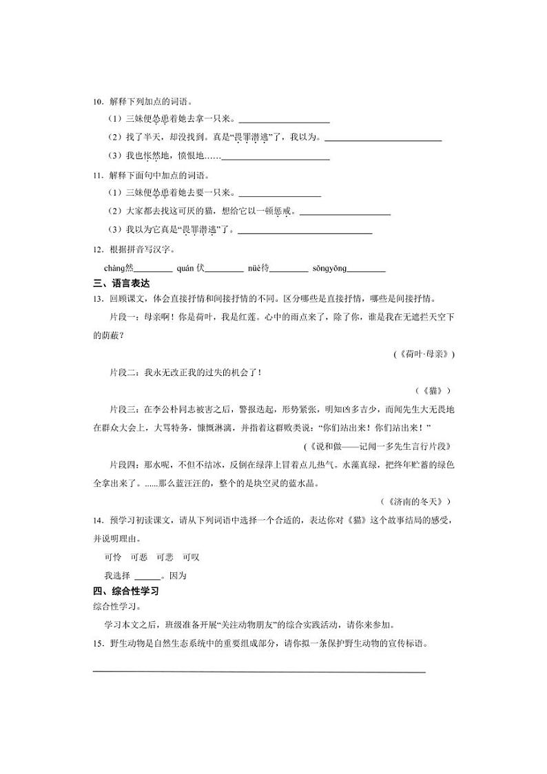七年级上册 第五单元 猫 同步分层作业（含答案解析）第3页