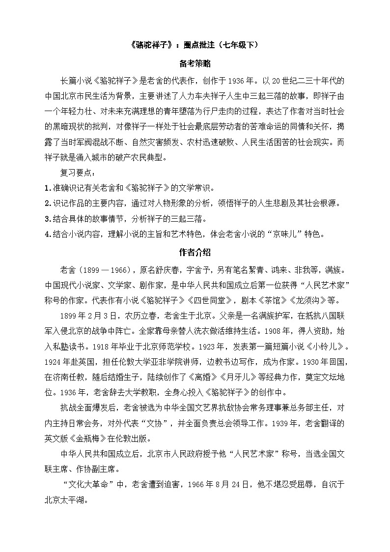 《骆驼祥子》：圈点批注（七年级下） 答案版第1页