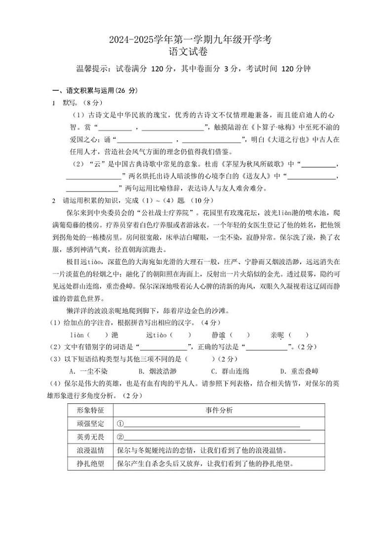 [语文]安徽省池州市青阳县校联考2024～2025学年九年级上学期开学试题(有答案)01